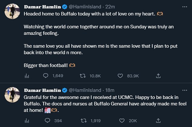 Hamlin posted a series of tweets after arriving home in New York thanking everyone.