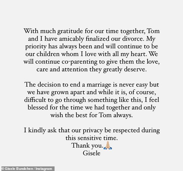 Statement: Following their divorce, the two posted a statement on Instagram, with Gisele revealing that both she and Tom had filed 'amicably'