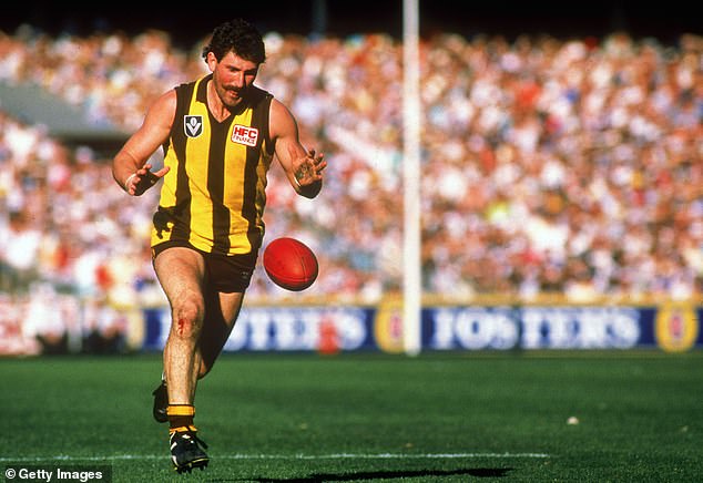 A Brownlow Medal winner with the Hawks, 'Dipper' (pictured playing in 1985) overcame a debilitating health condition last year that he said was more painful than any of the numerous serious injuries he sustained on the field.