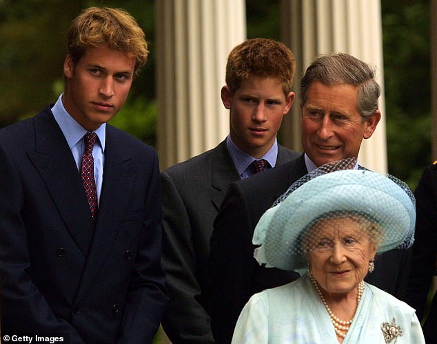 Princes William and Harry and their father Prince Charles with the Queen Mother during celebrations to mark her 101st birthday on August 4, 2001