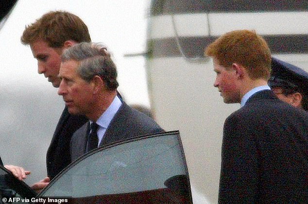 Pictured: Prince William (left), his father Prince Charles (centre) and Prince Harry (right) leave RAF Northolt airbase, west London, on March 31, 2002 after , reportedly interrupting their ski holidays following the death of the Queen Mother.