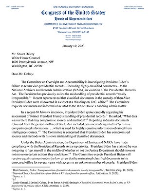 Page 1 of House Oversight Chairman Comer's letter to the White House Counsel's Office