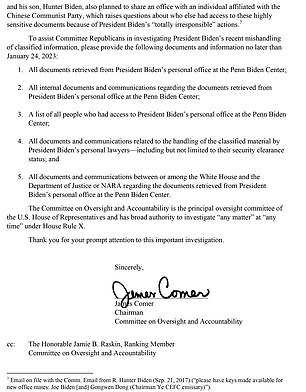 Page 2 of House Oversight Chairman Comer's letter to the White House Counsel's Office