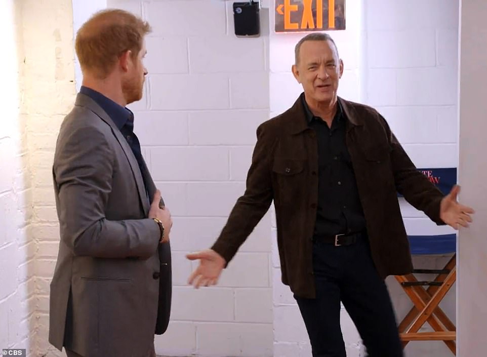 Tonight's episode of The Late Show kicked off with a skit in which Harry and Hanks, 66, were greeted with royal fanfare as they entered the CBS studios.