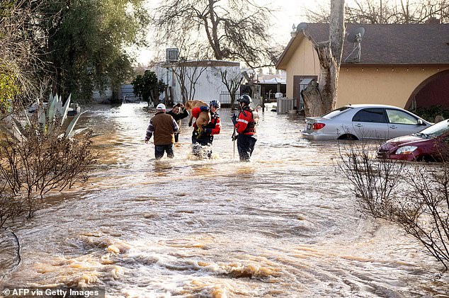 San Diego firefighters rescue dogs from a flooded house in Merced, California