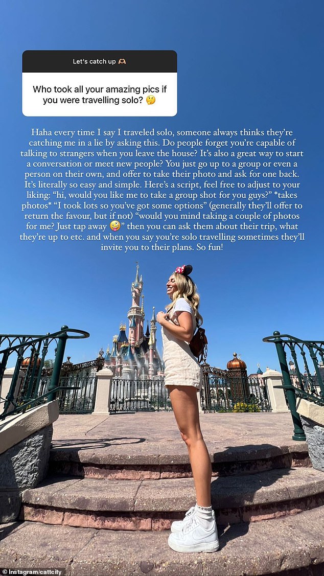 Cassidy, 27, who first became famous on Love Island Australia, has solo visited cities in the UK, Italy, Greece, Spain and France.  (She is shown here at Disneyland Paris)
