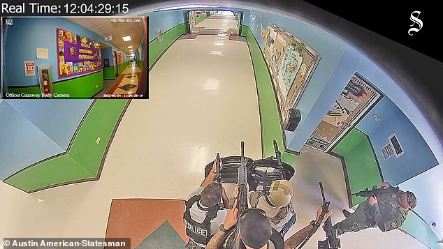 A split view of the hallway before the dozens of other police officers arrived shows the officers with their rifles drawn, standing behind shields thirty minutes after the shooting began, yards from the classroom.