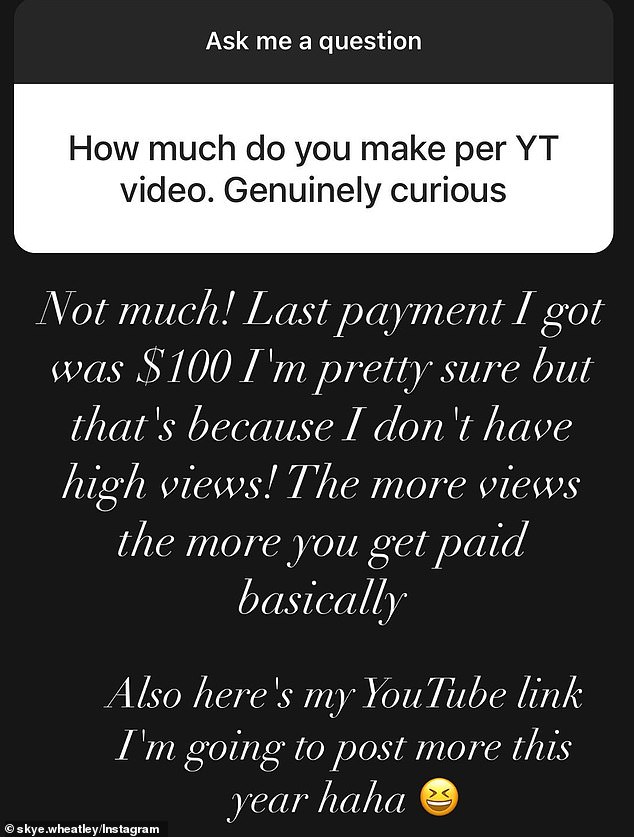 The 28-year-old Gold Coast social media star confessed that the low salary was due to the fact that his videos don't get many views on YouTube.  Pictured: Wheatley's Insta post on Wednesday