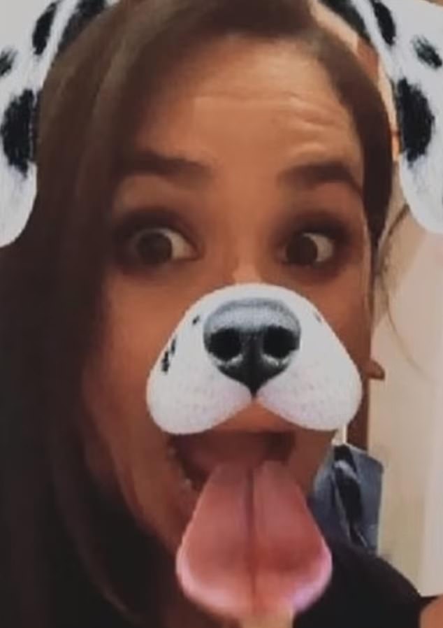 In a section of the book titled 'The Captain of My Soul,' Prince Harry writes about the first moment he sees Meghan: on a friend's Instagram page, wearing a dog filter (pictured in a different clip using a similar filter)