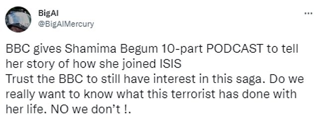 Critics accused the BBC of 'wasting fee payers' money' and said the families of ISIS victims would be 'mortified'. Pictured are some of the critical tweets