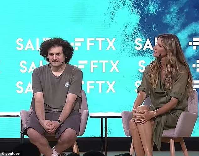 Bundchen appears onstage with FTX founder Sam Bankman-Fried in 2022 at a cryptocurrency conference in the Bahamas.  She was an ambassador for the company.