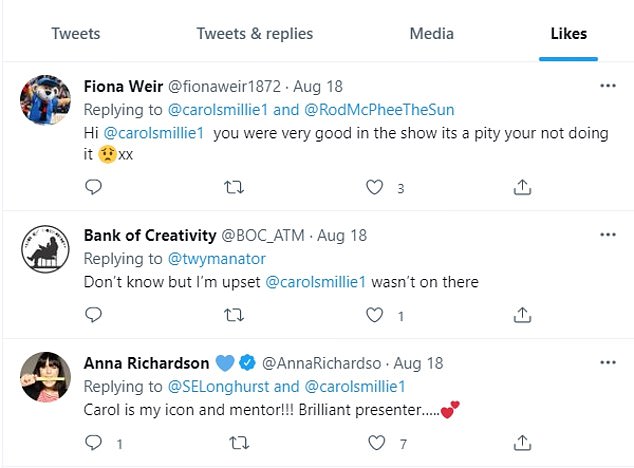 Like: After the show aired, Carol, 59, took to Twitter for messages from fans who admitted she was 