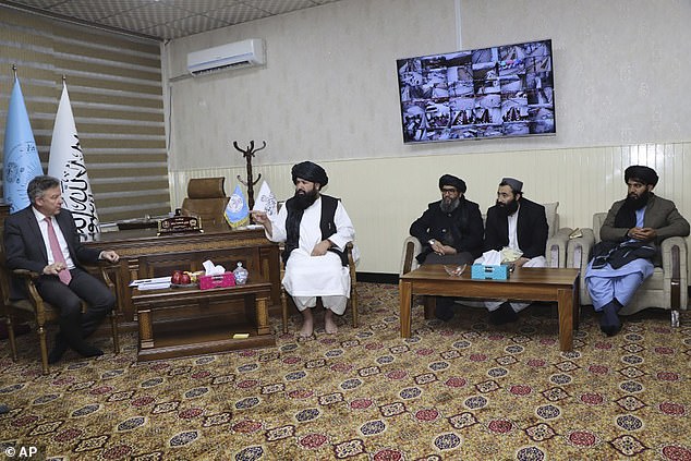 This photo, provided by the Taliban Ministry of Higher Education, shows UN officials meeting with Taliban higher education ministers in Kabul, Afghanistan, on Saturday, January 7, 2023.