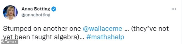 Sky News presenter Anna Botting asked for help on Twitter with her 10-year-old daughter's maths homework that left her 'stumped'