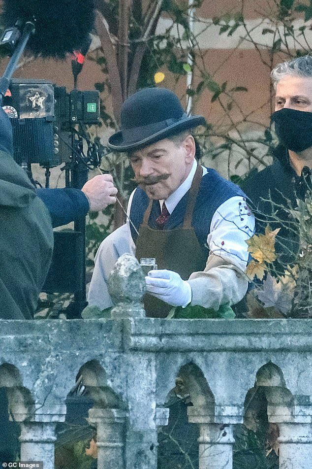 Plot: The story follows Poirot, who is now retired and living in self-imposed exile, before he is lured away to solve another mystery.  Pictured on set Tuesday.