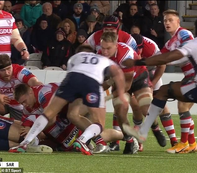 Saracens' number 10 has been suspended following this tall tackle on Gloucester's Jack Clement