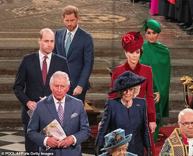 William, Charles, Harry, Camilla, Kate and Meghan leave Westminster Abbey after attending the Annual Commonwealth Service on March 9, 2020.