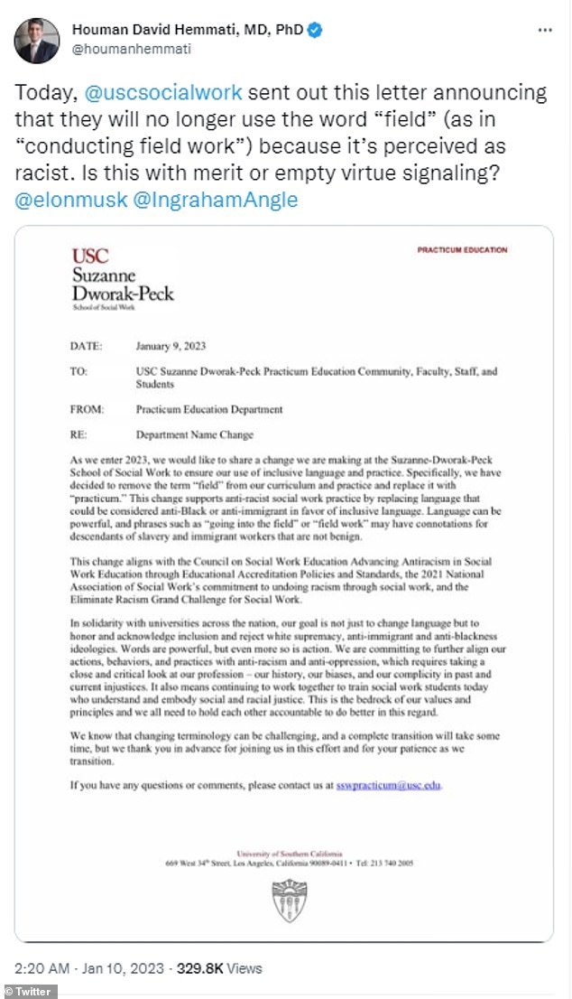 One tweet included a copy of the letter from the University of Southern California.