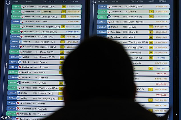 A screen shows flights, many delayed, at New York's LaGuardia airport on Wednesday.  An FAA computer glitch halted flights in the US.