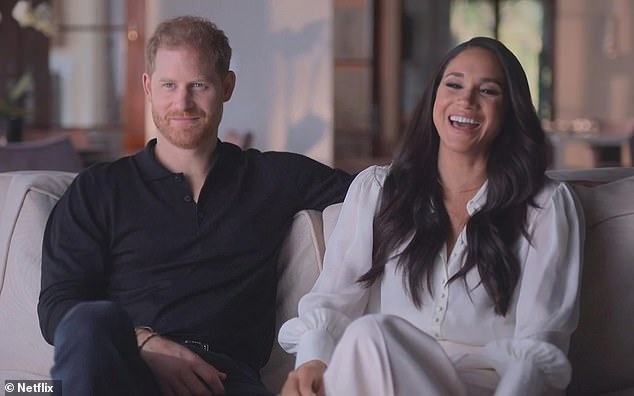 The couple also spoke about the dog filter video in their explosive Netflix documentary series Harry and Meghan, pictured, with the Duchess of Sussex, 41, saying the story was 