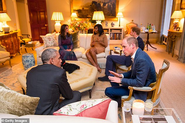 Elsewhere in his book, Prince Harry says he felt 'ashamed' of Nottingham Cottage compared to Kate and William's 'museum-like' apartment at Kensington Palace. [pictured during President Obama's state visit in April 2016]