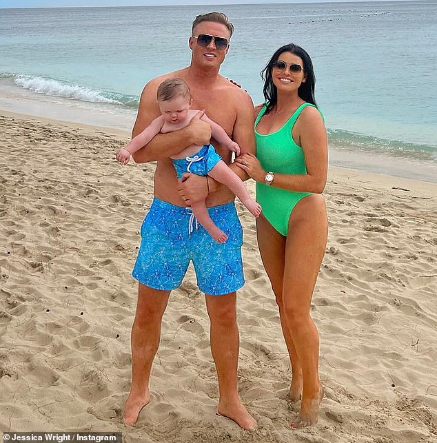 Stunning: Jess Wright looked sensational as she showed off her slim physique in a stunning green swimsuit in Barbados with her son Presley and husband William on Instagram on Sunday