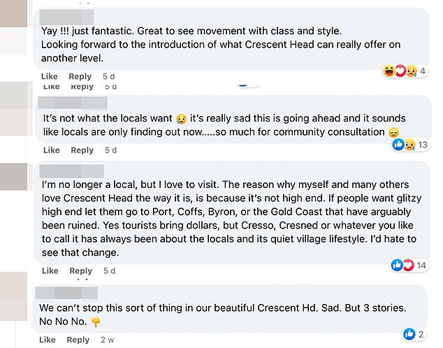 Crescent Head locals are not happy about more hotels being built in their small town (pictured comments below an article about the Sea Sea Hotel)