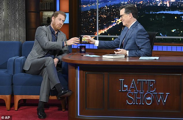 Prince Harry with presenter Stephen Colbert during an interview on The Late Show where he lavished praise on the US.