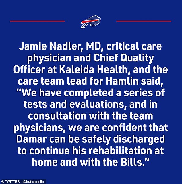 The Bills revealed the good news about Hamlin on their Twitter profile Wednesday morning.