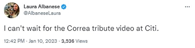 Newsday's Laura Albanese joked that she can't wait for the video tribute to Correa at Citi? [Field]making fun of his 0 game stint with the Mets