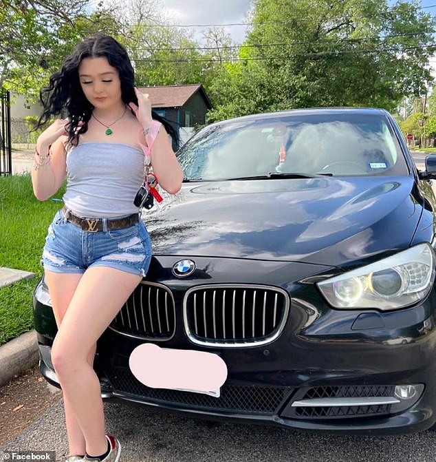 A photo of the teenage suspect, Victoria Duron, 17, looking down at the ground while leaning against a shiny black BMW.