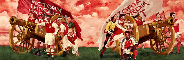 Victoria Concordia Crescit: features players who embody the spirit of Arsenal, in the style of French revolutionary paintings.