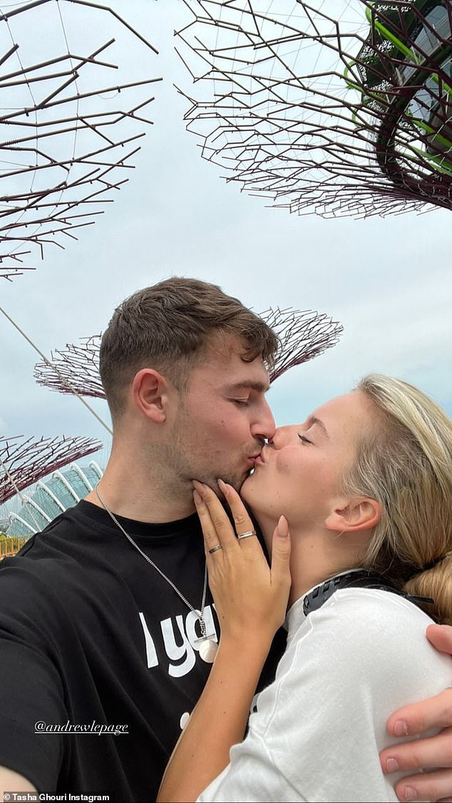 Travel buddies: In her stories, Tasha shared more snaps from the trip, including a sweet photo of her kissing Andrew while visiting the Gardens by the Bay in Singapore.