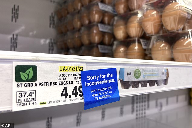 An out of stock eggs information sign is seen at a grocery store in Glenview, Illinois, on January 10.