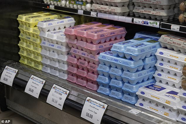 Egg cartons are displayed at HarvesTime Foods on January 5 in Chicago.