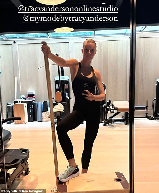 Staying Toned: Paltrow also shared a picture of herself in a black tracksuit sweating it out at a gym for a Tracy Anderson shoot  The photo was on hers Insta Stories of hers.