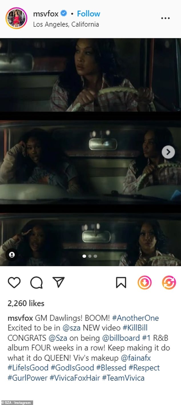 '#GurlPower': Vivica took to Instagram to share some snaps of herself in the video with SZA and a lengthy caption congratulating the artist on the success of her latest album.