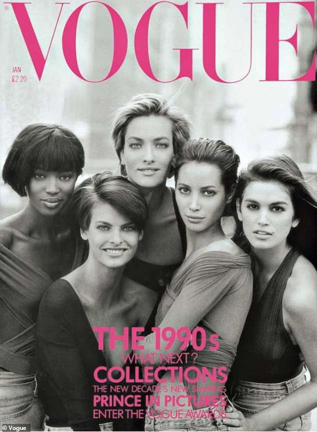 Iconic: Patitz, born in Hamburg, starred with (L-R) Naomi Campbell, Linda Evangelista, Christy Turlington and Cindy Crawford, with Patitz at center, on the cover of British Vogue for the January 1990 issue. George Michael spotted the cover and invited all the girls to star in his music video