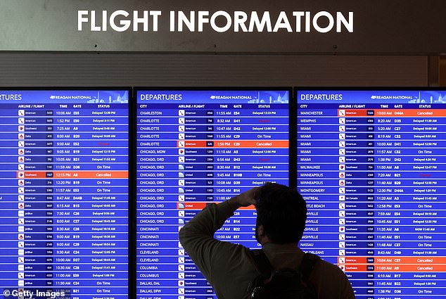 A traveler looks at a flight information board at Ronald Reagan Washington National Airport on Wednesday in Arlington, Virginia.