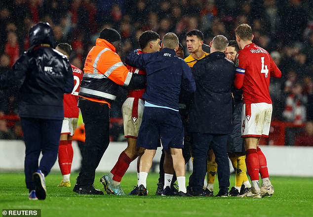 Gibbs-White appeared to collide with Wolves' Matheus Nunes and needed to be separated by the stewards