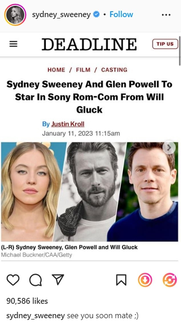 Thrilled: Sydney took to her Instagram account Wednesday to share the news with her 14.4 million followers by posting a screenshot of the Deadline article.