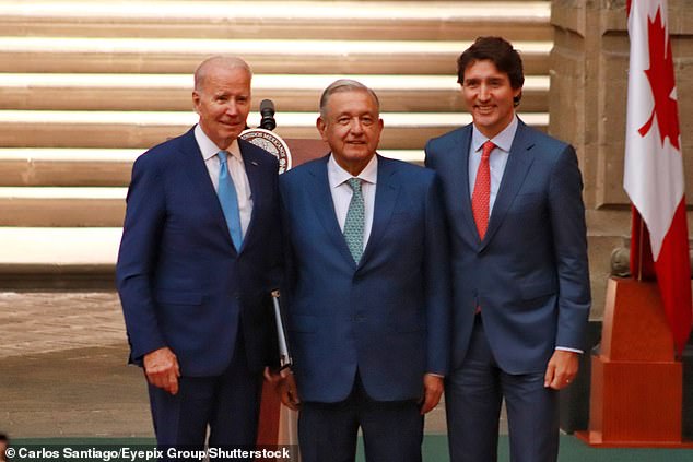 Biden met with AMLO (center) and Canadian Prime Minister Justin Trudeau (right) during the North American Leaders Summit in Mexico City, Mexico earlier this week.