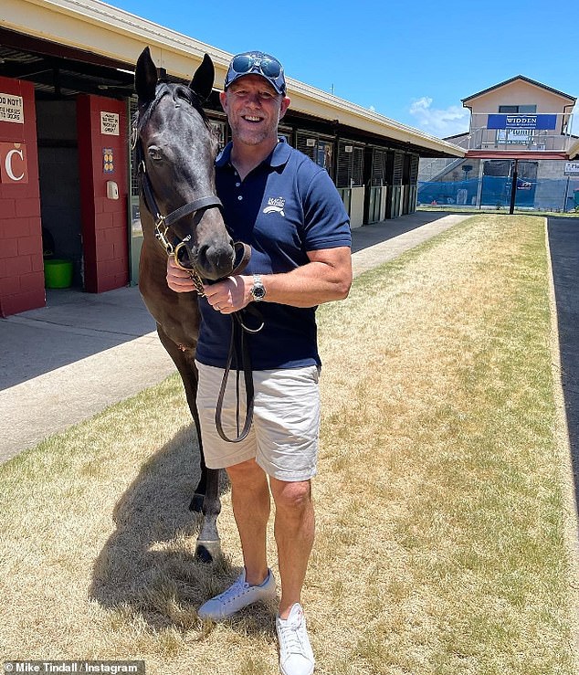 Looking good: The I'm A Celebrity star also posed with a horse in a blue polo shirt and beige shorts after returning to the stables ahead of sales