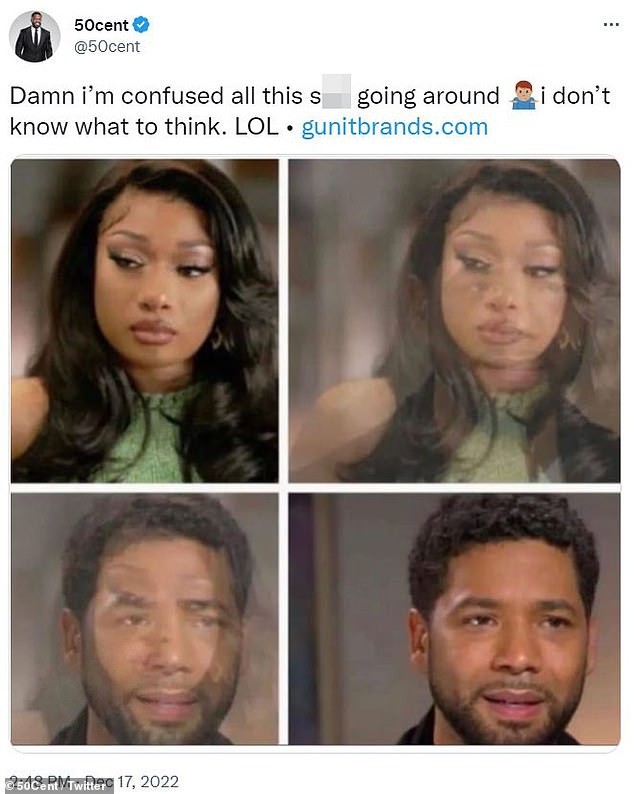 50 Cent had posted a meme on social media last month in which he compared Megan to Jussie Smollett, who was convicted last year of lying about the circumstances of a 2019 attack in Chicago.