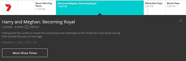 The 2019 film Harry & Meghan: Becoming Royal aired between 12pm and 2pm on Thursday, just days after Seven broadcast Harry's interview with ITV's Tom Bradby.