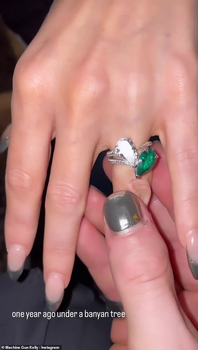 Romantic: The rocker, 32, shared a flashback video of him putting on his finger the exquisite $340,000 two-stone ring he proposed to the 36-year-old Transformers star