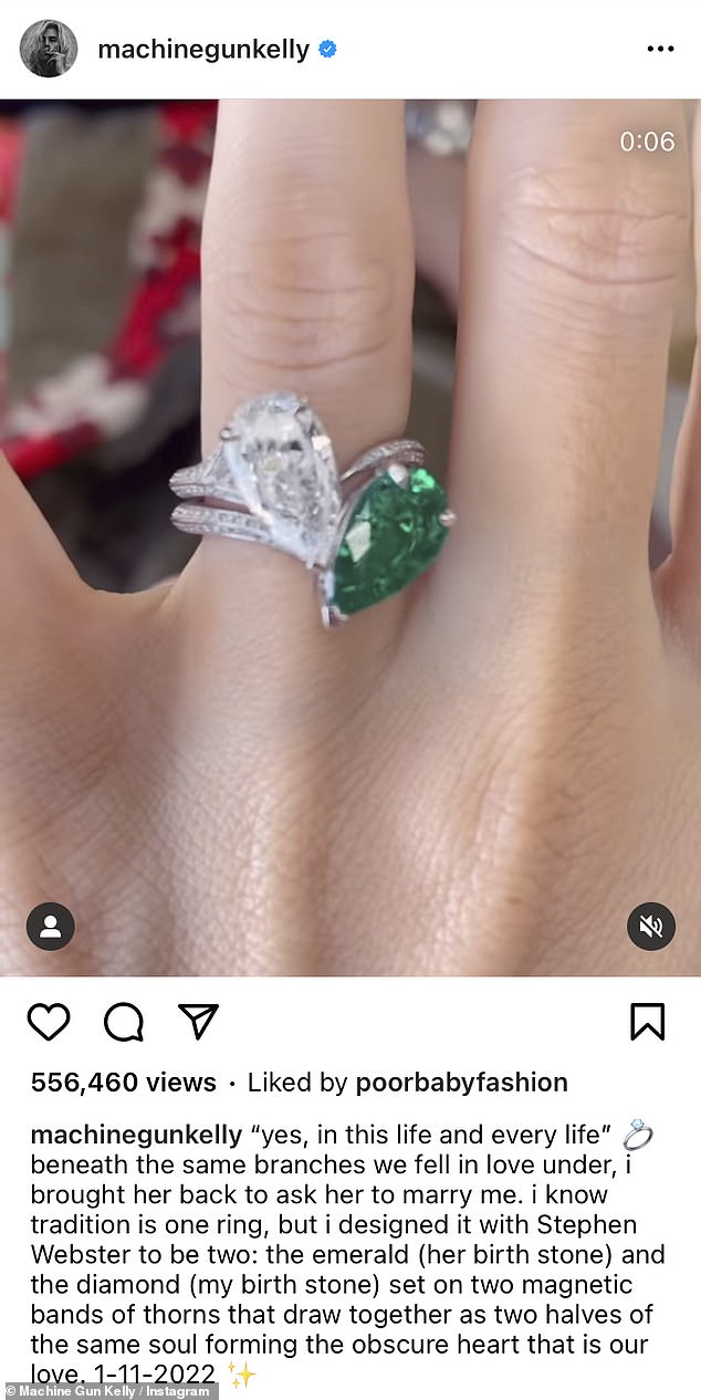 Custom Creation: At the time, Kelly showed off the star's stunning engagement ring that features a diamond and emerald stone