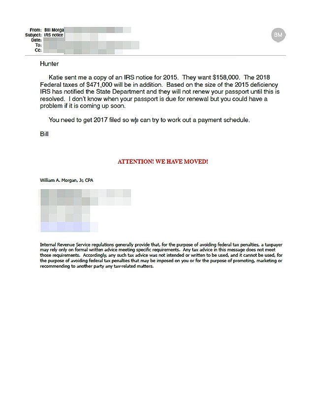 Hunter's accountant, Bill Morgan, warned him in November 2018 that his passport would not be renewed.