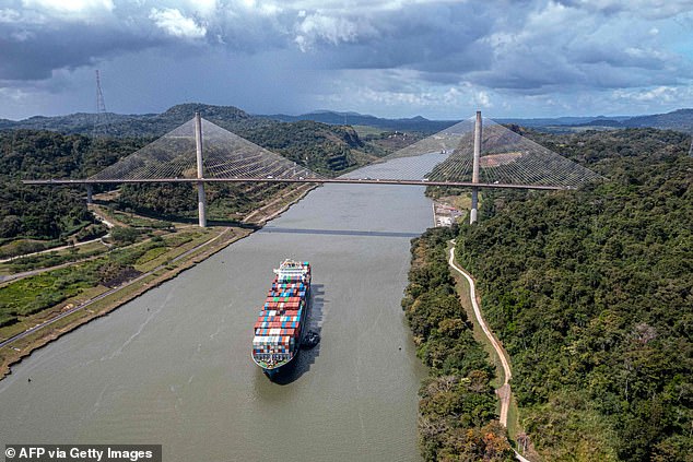 A ship navigates through the Panama Canal.  The route is critical to global trade.