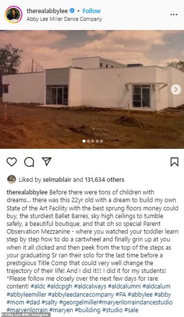 Reflection: Upon learning of the building's sale, Miller took to her Instagram page to share some of the story behind her dream and eventual plan to open the Abby Lee Dance Company.